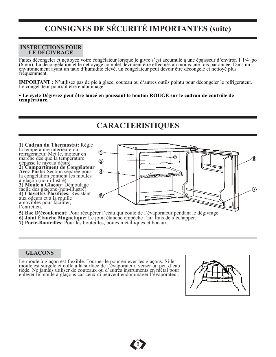 Consignes de sécurité importantes (suite), Caracteristiques | Danby DCR059WE User Manual | Page 8 / 17