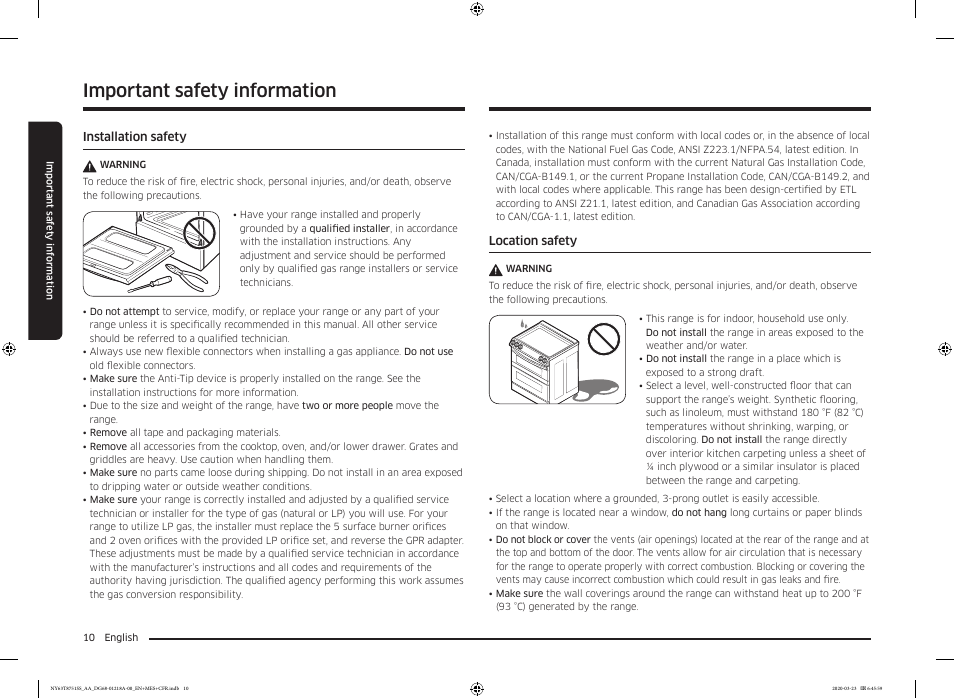 Important safety information | Samsung 30 Inch Slide-in Dual Fuel Smart Range Owner Manual User Manual | Page 10 / 204