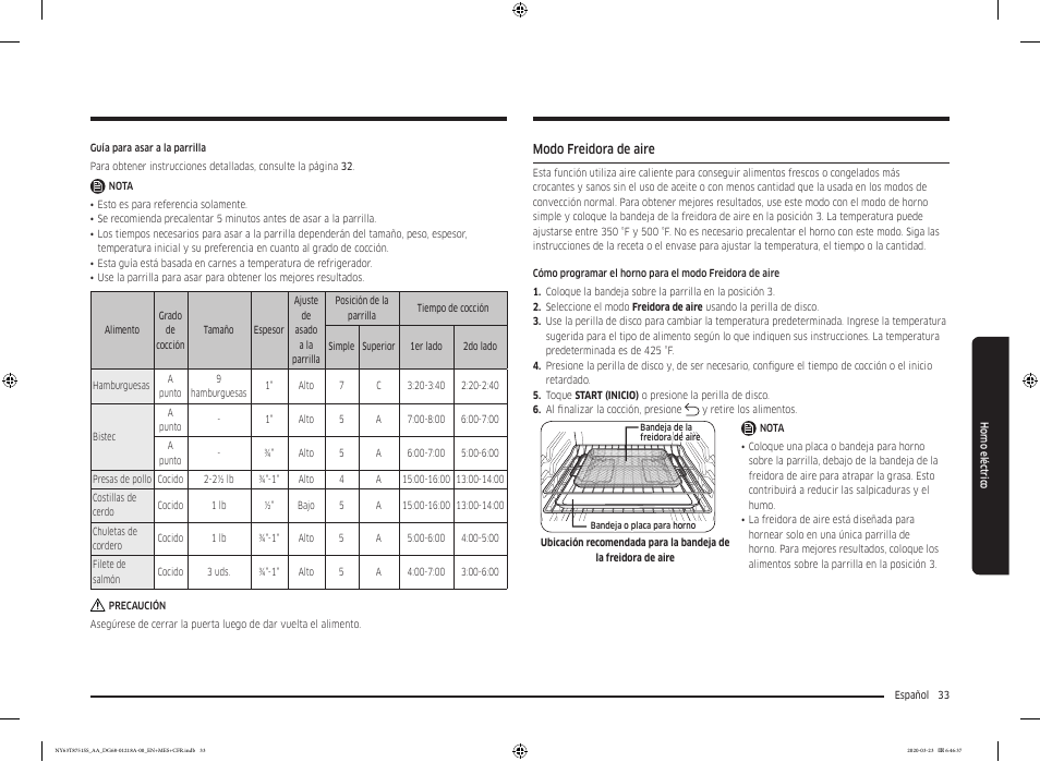 Modo freidora de aire | Samsung 30 Inch Slide-in Dual Fuel Smart Range Owner Manual User Manual | Page 101 / 204