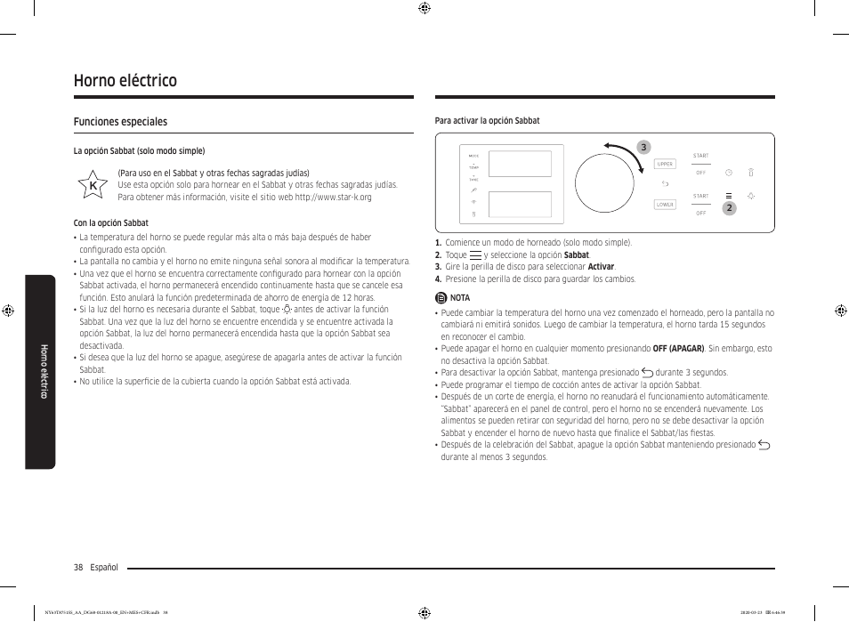 Funciones especiales, Horno eléctrico | Samsung 30 Inch Slide-in Dual Fuel Smart Range Owner Manual User Manual | Page 106 / 204