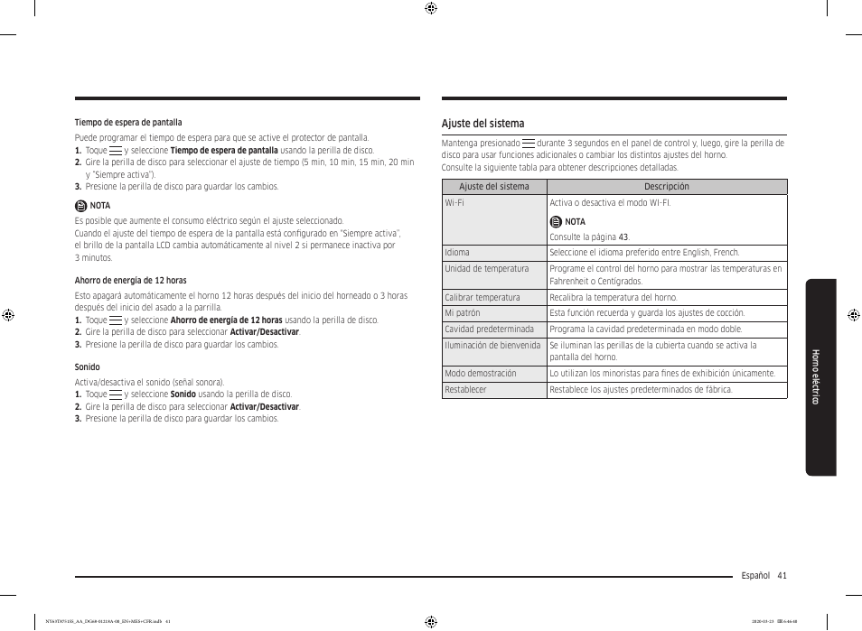 Ajuste del sistema | Samsung 30 Inch Slide-in Dual Fuel Smart Range Owner Manual User Manual | Page 109 / 204