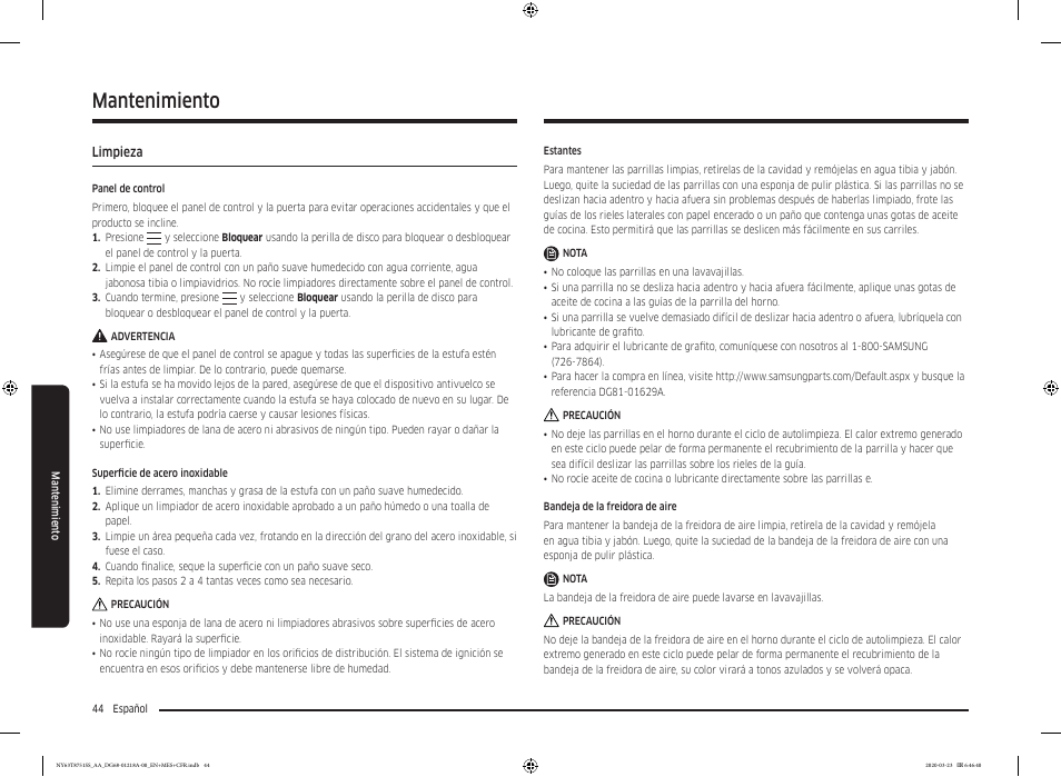 Mantenimiento, Limpieza, Limpieza 44 | Samsung 30 Inch Slide-in Dual Fuel Smart Range Owner Manual User Manual | Page 112 / 204