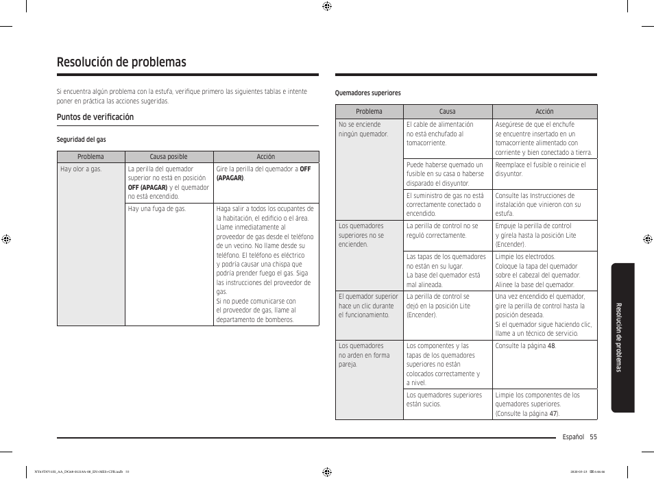 Resolución de problemas, Puntos de verificación | Samsung 30 Inch Slide-in Dual Fuel Smart Range Owner Manual User Manual | Page 123 / 204