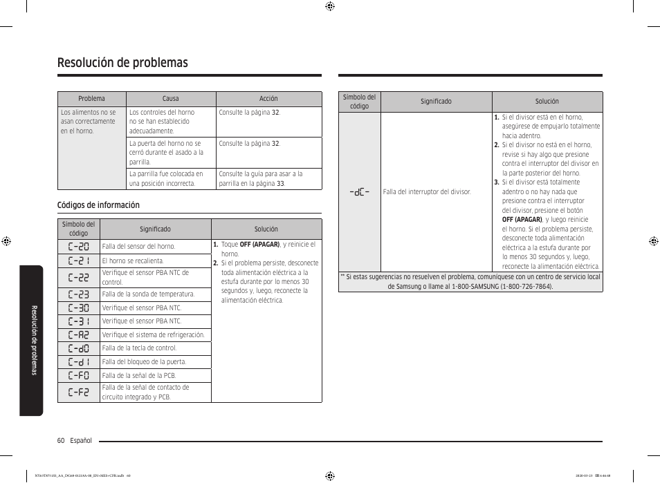 Códigos de información, Resolución de problemas | Samsung 30 Inch Slide-in Dual Fuel Smart Range Owner Manual User Manual | Page 128 / 204