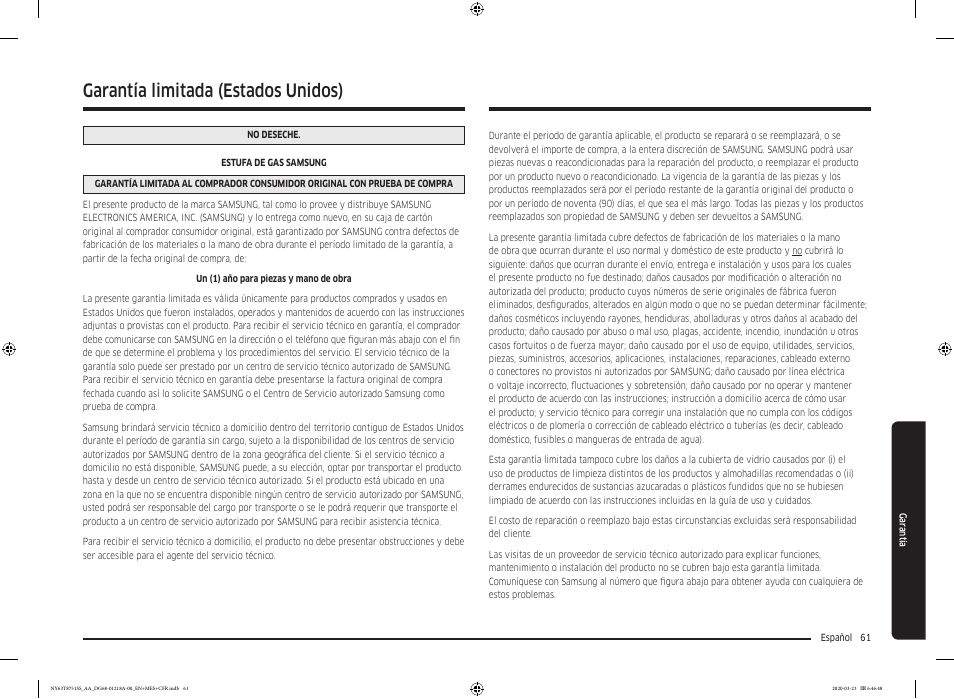 Garantía limitada (estados unidos) | Samsung 30 Inch Slide-in Dual Fuel Smart Range Owner Manual User Manual | Page 129 / 204