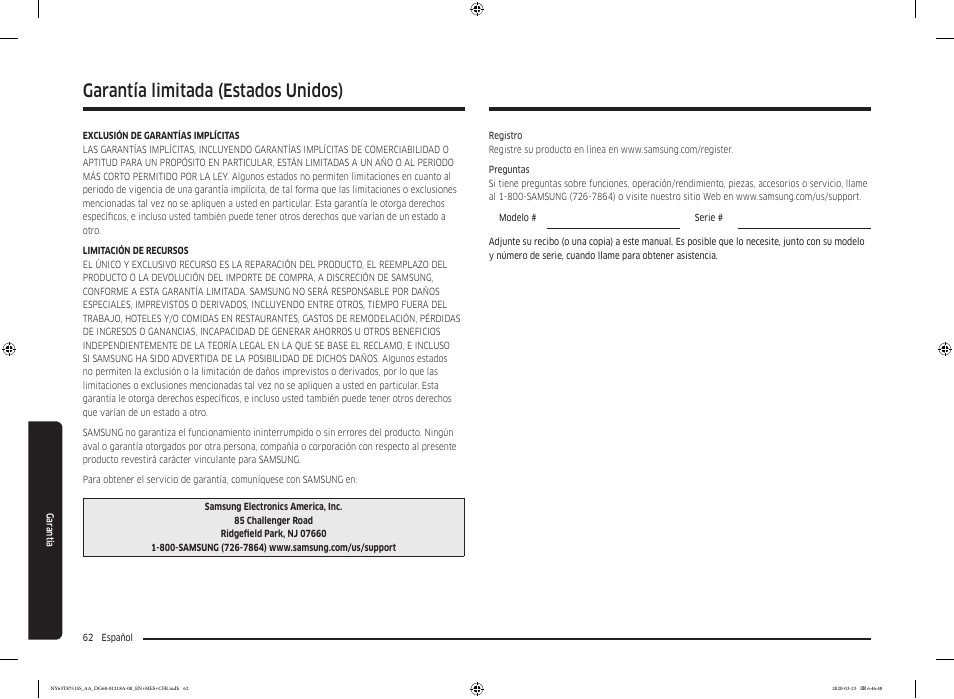 Garantía, Garantía limitada (estados unidos) | Samsung 30 Inch Slide-in Dual Fuel Smart Range Owner Manual User Manual | Page 130 / 204