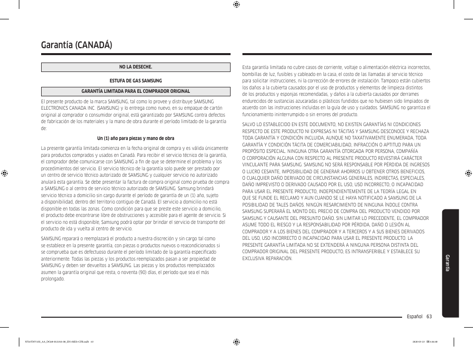 Garantía (canadá) | Samsung 30 Inch Slide-in Dual Fuel Smart Range Owner Manual User Manual | Page 131 / 204