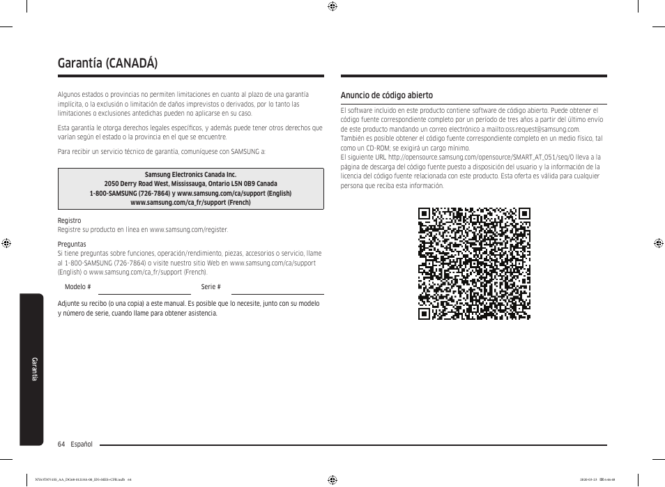 Anuncio de código abierto, Garantía, Garantía (canadá) | Samsung 30 Inch Slide-in Dual Fuel Smart Range Owner Manual User Manual | Page 132 / 204