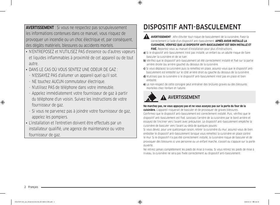 Dispositif anti-basculement, Avertissement | Samsung 30 Inch Slide-in Dual Fuel Smart Range Owner Manual User Manual | Page 138 / 204