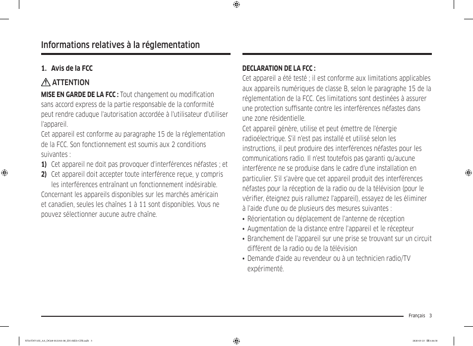 Informations relatives à la réglementation | Samsung 30 Inch Slide-in Dual Fuel Smart Range Owner Manual User Manual | Page 139 / 204