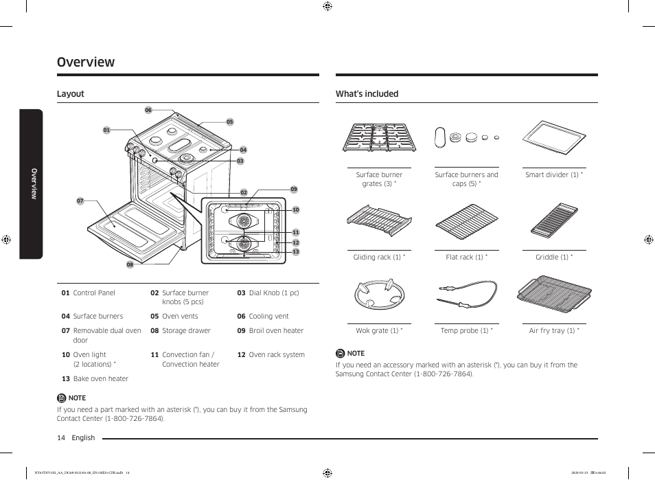 Overview, Layout, What’s included | Layout 14 what’s included | Samsung 30 Inch Slide-in Dual Fuel Smart Range Owner Manual User Manual | Page 14 / 204