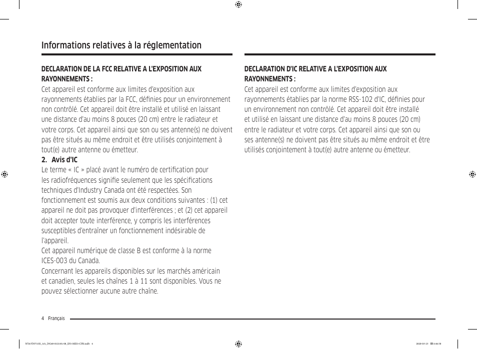 Informations relatives à la réglementation | Samsung 30 Inch Slide-in Dual Fuel Smart Range Owner Manual User Manual | Page 140 / 204