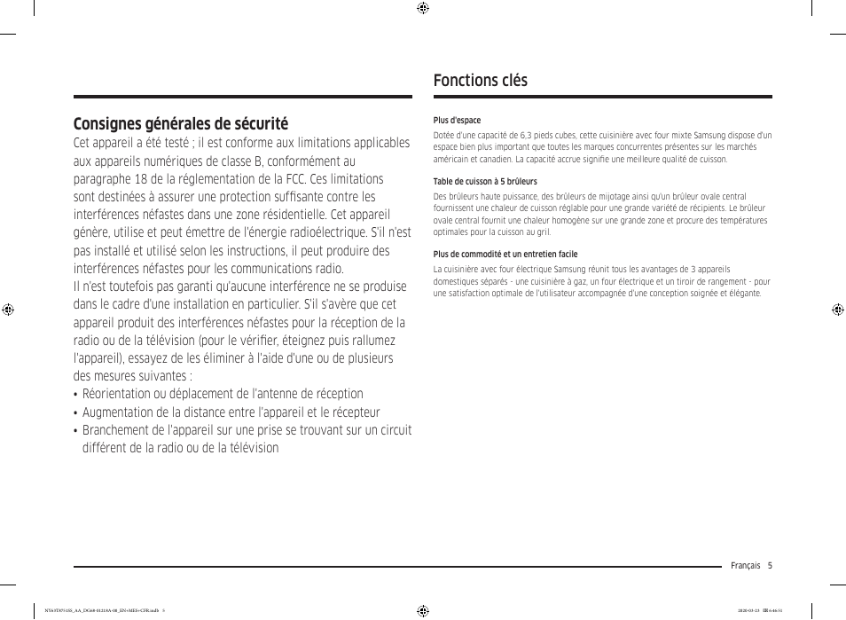 Fonctions clés, Consignes générales de sécurité | Samsung 30 Inch Slide-in Dual Fuel Smart Range Owner Manual User Manual | Page 141 / 204