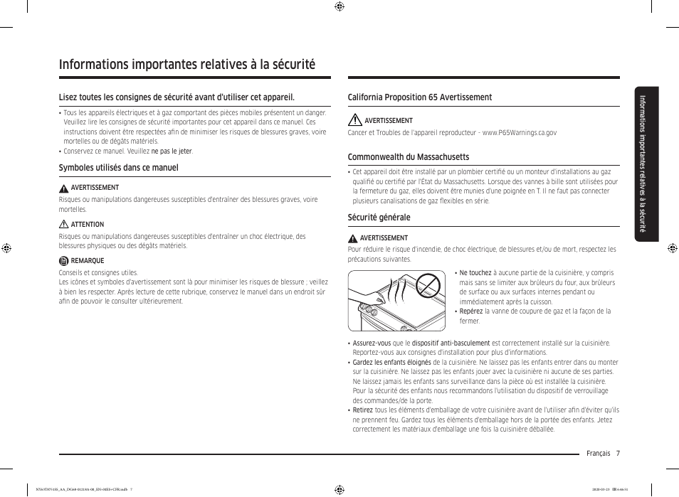 Informations importantes relatives à la sécurité | Samsung 30 Inch Slide-in Dual Fuel Smart Range Owner Manual User Manual | Page 143 / 204