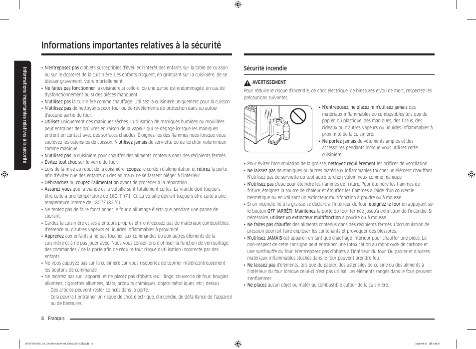 Informations importantes relatives à la sécurité | Samsung 30 Inch Slide-in Dual Fuel Smart Range Owner Manual User Manual | Page 144 / 204