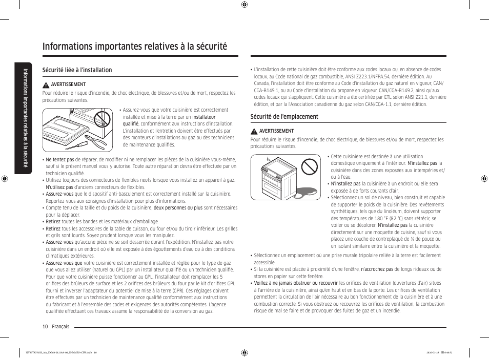 Informations importantes relatives à la sécurité | Samsung 30 Inch Slide-in Dual Fuel Smart Range Owner Manual User Manual | Page 146 / 204