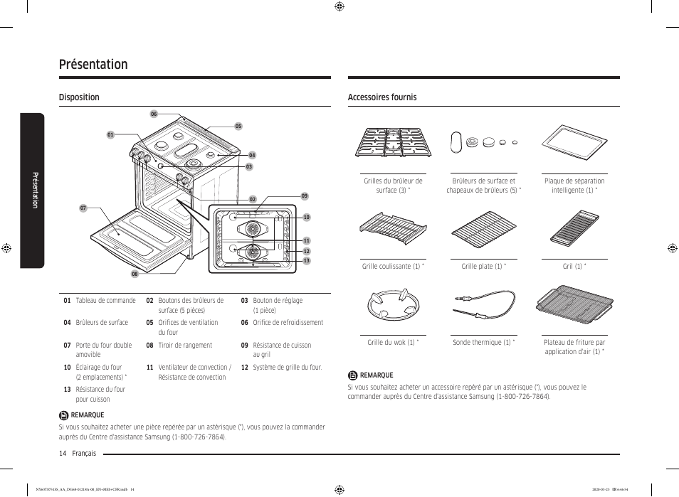 Présentation, Disposition, Accessoires fournis | Disposition 14 accessoires fournis | Samsung 30 Inch Slide-in Dual Fuel Smart Range Owner Manual User Manual | Page 150 / 204