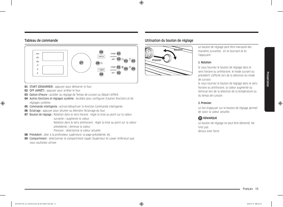 Tableau de commande, Utilisation du bouton de réglage | Samsung 30 Inch Slide-in Dual Fuel Smart Range Owner Manual User Manual | Page 151 / 204
