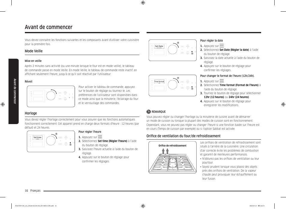 Avant de commencer, Mode veille, Horloge | Orifice de ventilation du four/de refroidissement | Samsung 30 Inch Slide-in Dual Fuel Smart Range Owner Manual User Manual | Page 152 / 204