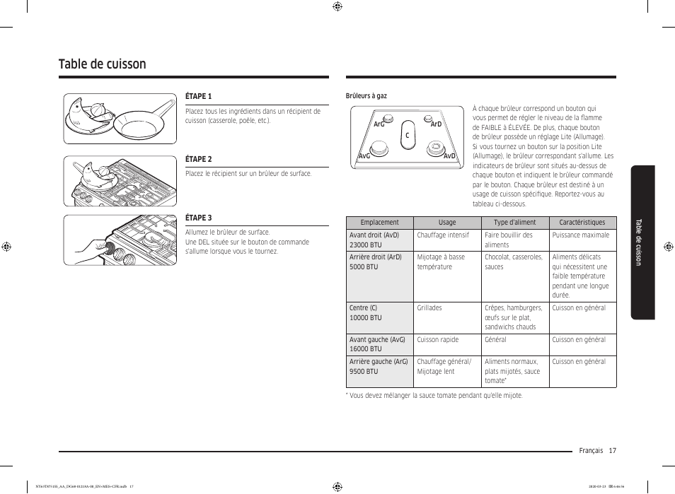 Table de cuisson | Samsung 30 Inch Slide-in Dual Fuel Smart Range Owner Manual User Manual | Page 153 / 204