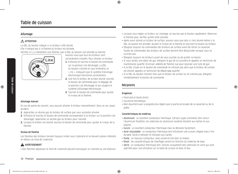 Allumage, Récipients, Allumage 18 récipients 18 | Table de cuisson | Samsung 30 Inch Slide-in Dual Fuel Smart Range Owner Manual User Manual | Page 154 / 204