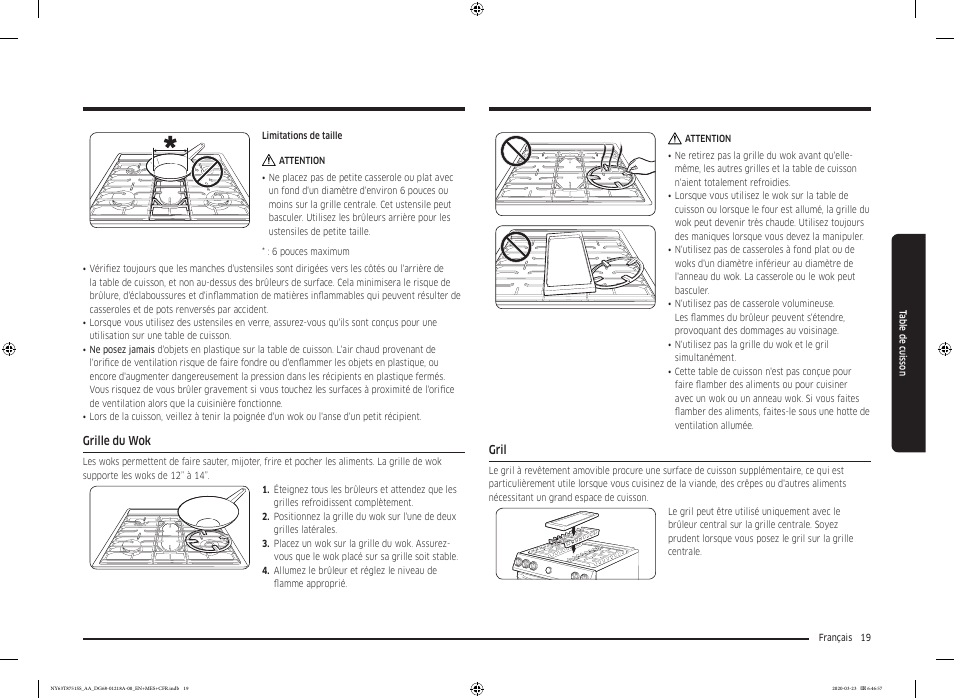 Grille du wok, Gril, Gril 19 | Samsung 30 Inch Slide-in Dual Fuel Smart Range Owner Manual User Manual | Page 155 / 204