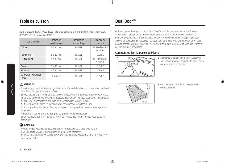 Dual door, Comment utiliser la porte supérieure, Table de cuisson | Samsung 30 Inch Slide-in Dual Fuel Smart Range Owner Manual User Manual | Page 156 / 204