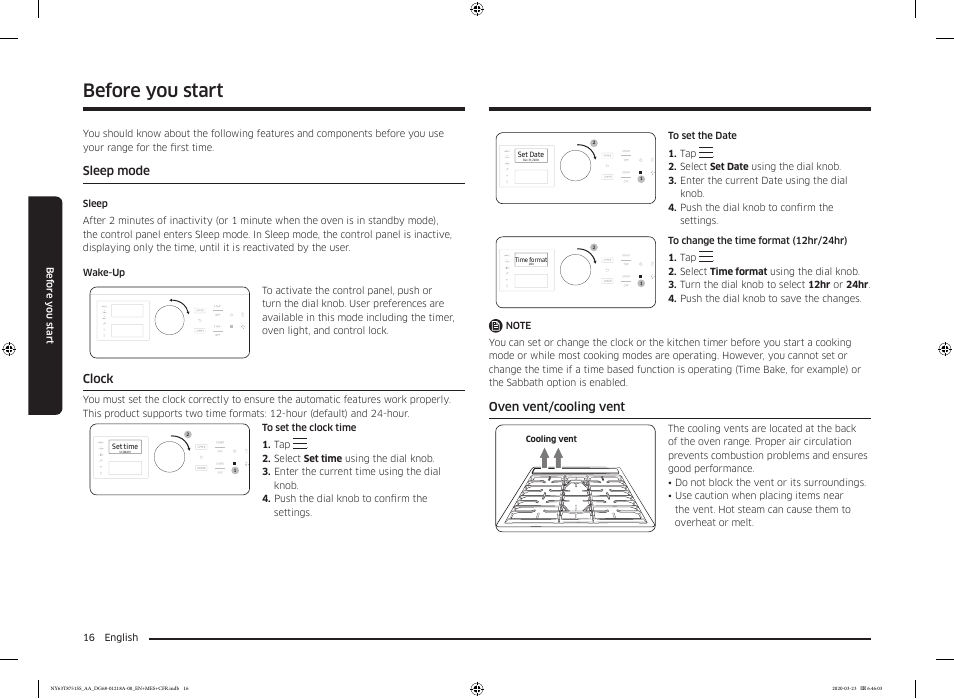 Before you start, Sleep mode, Clock | Oven vent/cooling vent, Clock 16 oven vent/cooling vent | Samsung 30 Inch Slide-in Dual Fuel Smart Range Owner Manual User Manual | Page 16 / 204