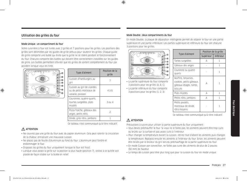 Utilisation des grilles du four | Samsung 30 Inch Slide-in Dual Fuel Smart Range Owner Manual User Manual | Page 163 / 204