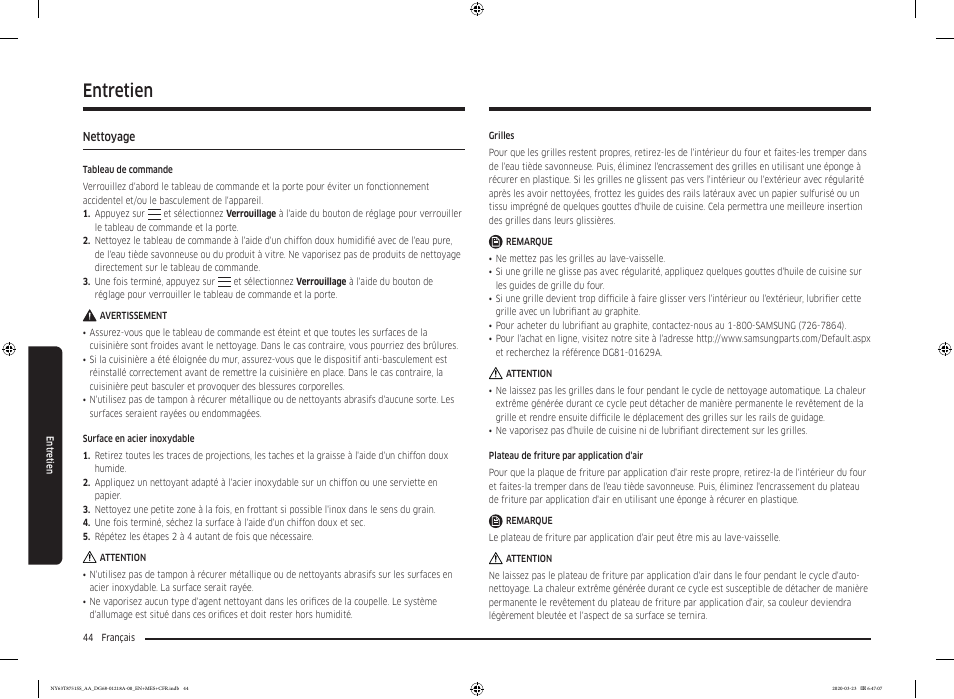 Entretien, Nettoyage, Nettoyage 44 | Samsung 30 Inch Slide-in Dual Fuel Smart Range Owner Manual User Manual | Page 180 / 204