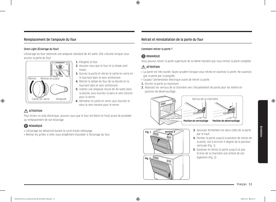 Remplacement de l'ampoule du four, Retrait et réinstallation de la porte du four | Samsung 30 Inch Slide-in Dual Fuel Smart Range Owner Manual User Manual | Page 189 / 204