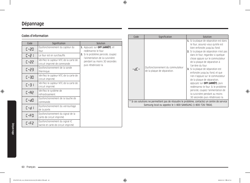 Codes d'information, Dépannage | Samsung 30 Inch Slide-in Dual Fuel Smart Range Owner Manual User Manual | Page 196 / 204