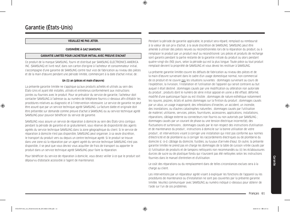 Garantie (états-unis) | Samsung 30 Inch Slide-in Dual Fuel Smart Range Owner Manual User Manual | Page 197 / 204