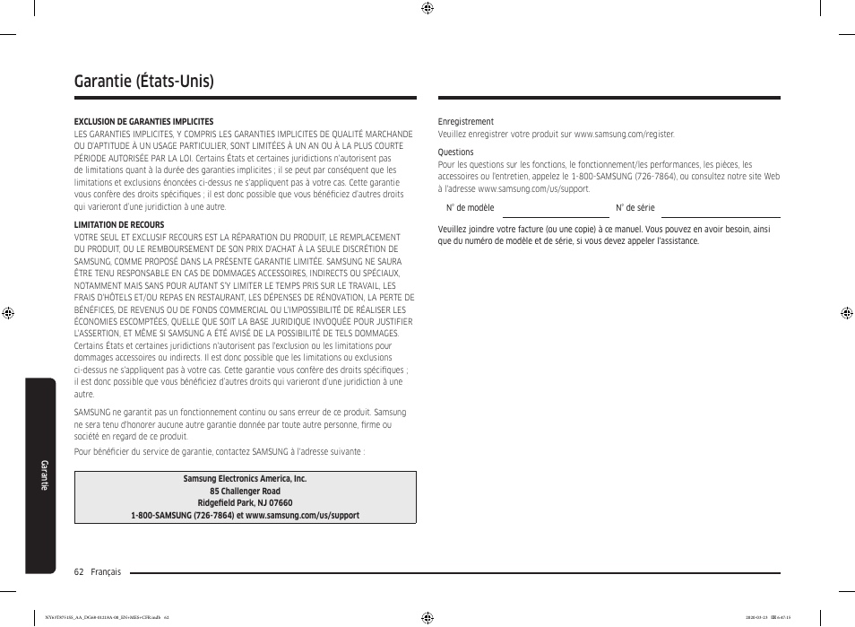 Garantie, Garantie (états-unis) | Samsung 30 Inch Slide-in Dual Fuel Smart Range Owner Manual User Manual | Page 198 / 204