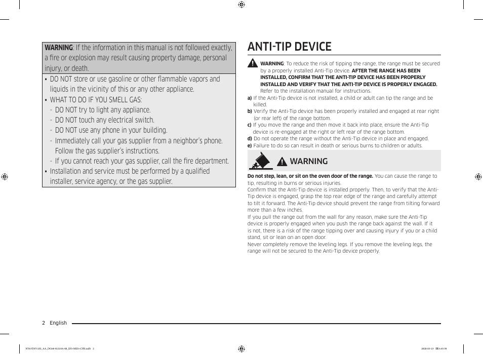 Anti-tip device, Warning | Samsung 30 Inch Slide-in Dual Fuel Smart Range Owner Manual User Manual | Page 2 / 204