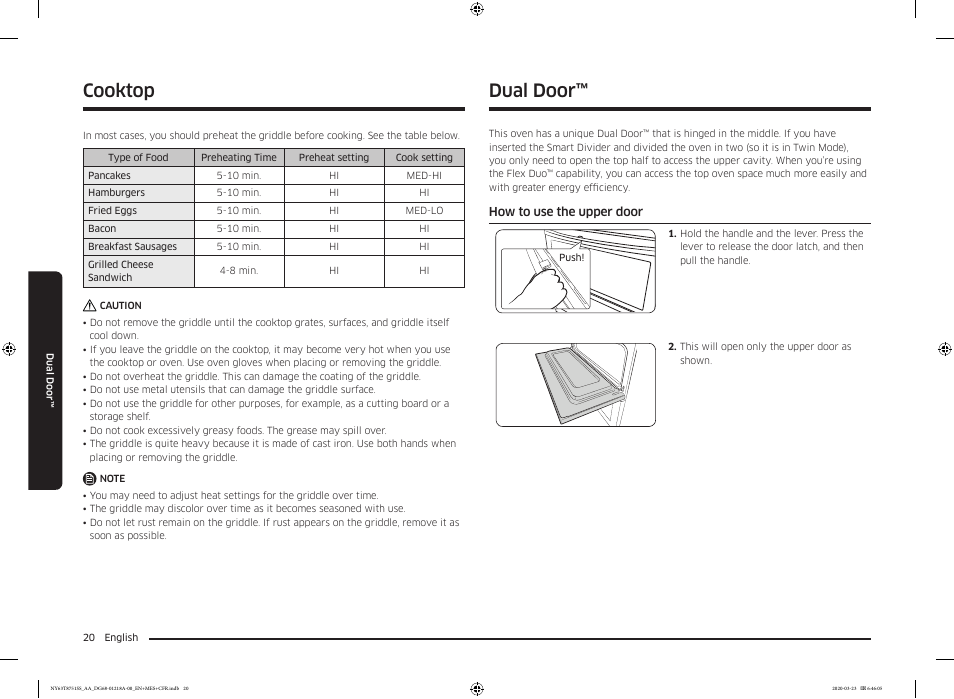 Dual door, How to use the upper door, Cooktop | Samsung 30 Inch Slide-in Dual Fuel Smart Range Owner Manual User Manual | Page 20 / 204