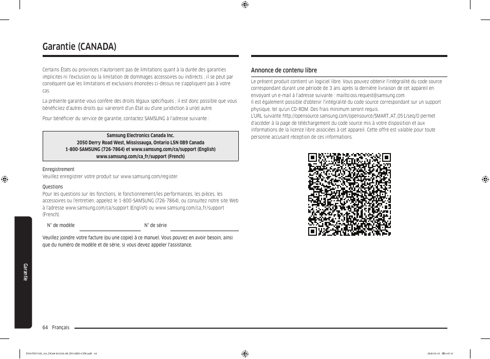 Annonce de contenu libre, Garantie, Garantie (canada) | Samsung 30 Inch Slide-in Dual Fuel Smart Range Owner Manual User Manual | Page 200 / 204