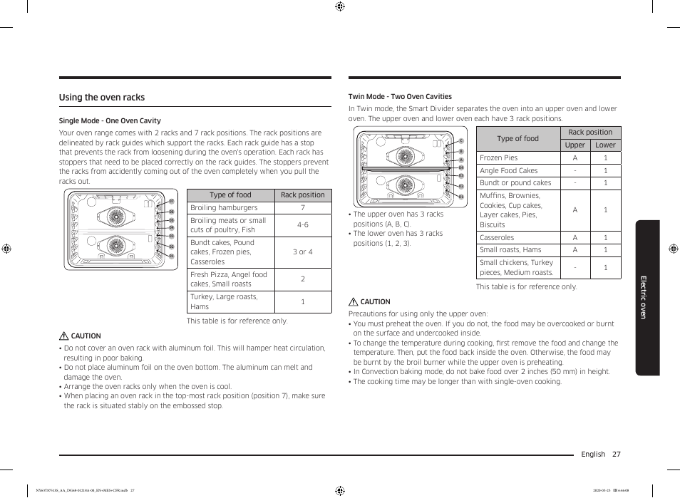 Using the oven racks | Samsung 30 Inch Slide-in Dual Fuel Smart Range Owner Manual User Manual | Page 27 / 204