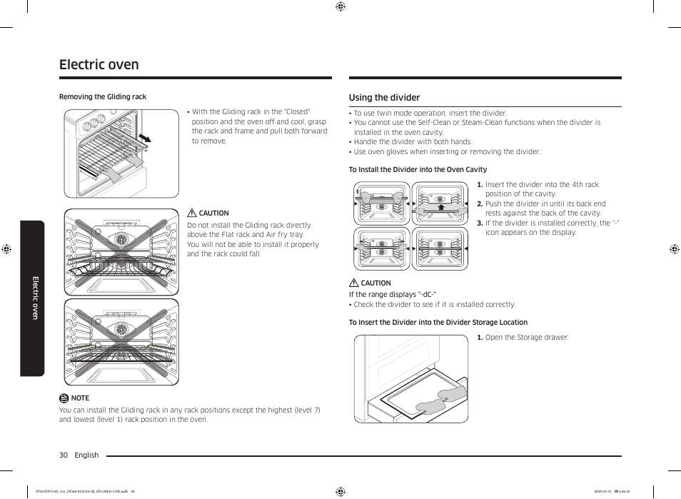 Using the divider, Electric oven | Samsung 30 Inch Slide-in Dual Fuel Smart Range Owner Manual User Manual | Page 30 / 204