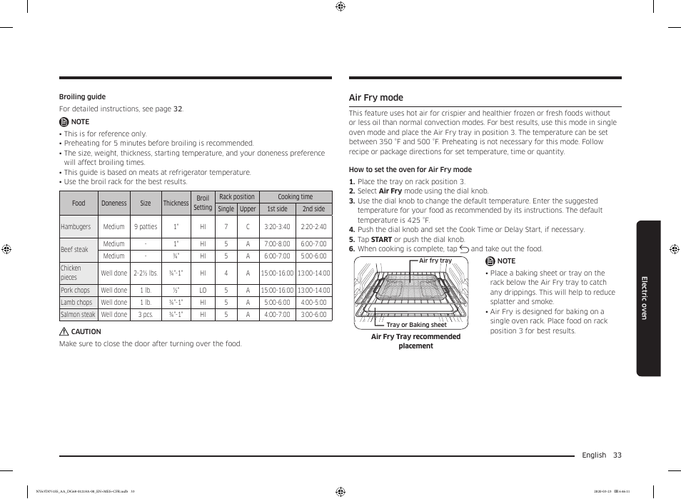 Air fry mode | Samsung 30 Inch Slide-in Dual Fuel Smart Range Owner Manual User Manual | Page 33 / 204