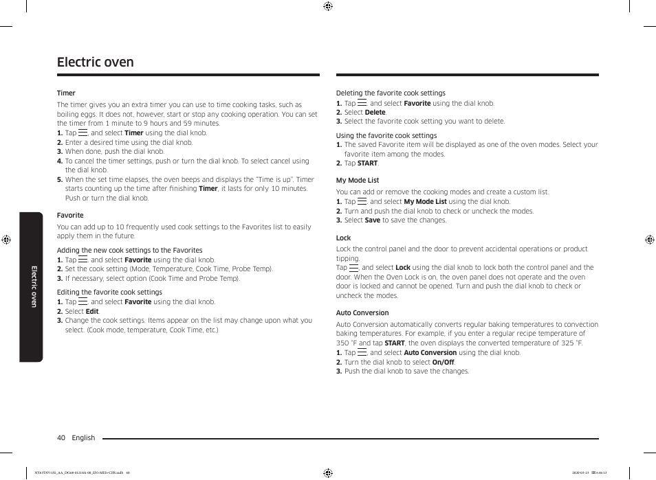 Electric oven | Samsung 30 Inch Slide-in Dual Fuel Smart Range Owner Manual User Manual | Page 40 / 204