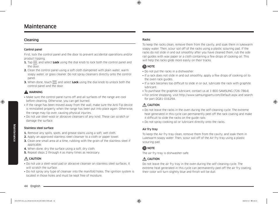 Maintenance, Cleaning, Cleaning 44 | Samsung 30 Inch Slide-in Dual Fuel Smart Range Owner Manual User Manual | Page 44 / 204