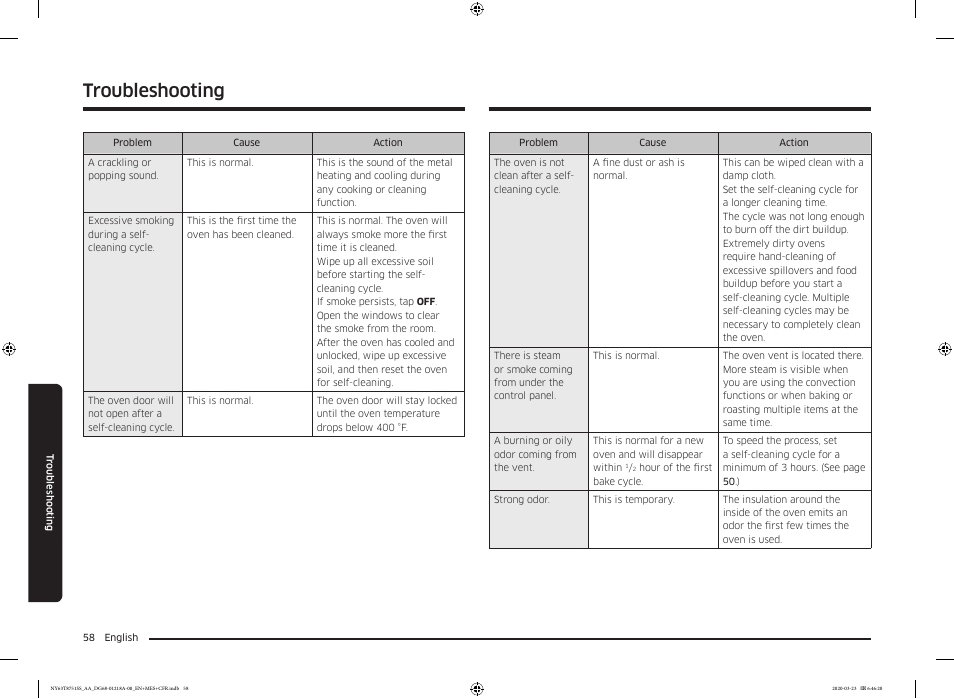 Troubleshooting | Samsung 30 Inch Slide-in Dual Fuel Smart Range Owner Manual User Manual | Page 58 / 204