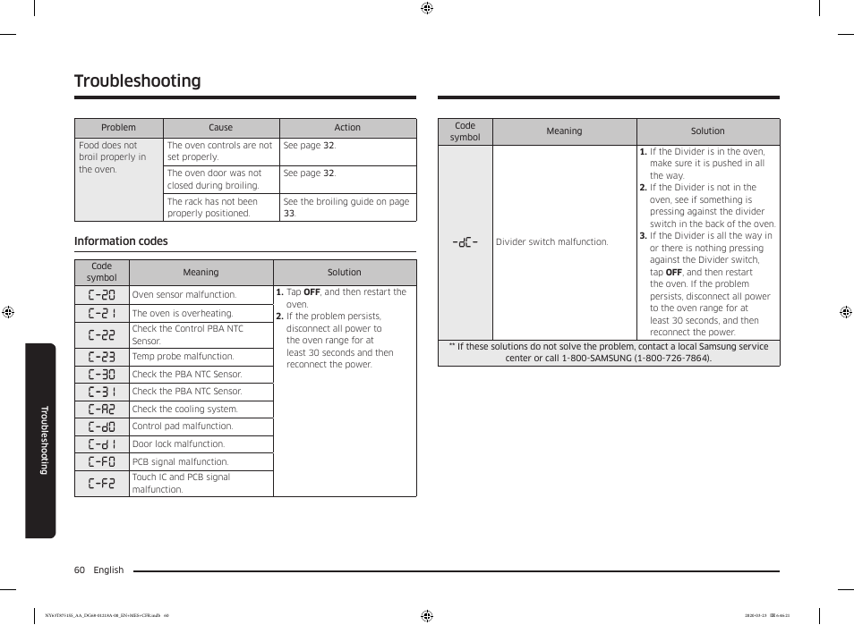 Information codes, Troubleshooting | Samsung 30 Inch Slide-in Dual Fuel Smart Range Owner Manual User Manual | Page 60 / 204