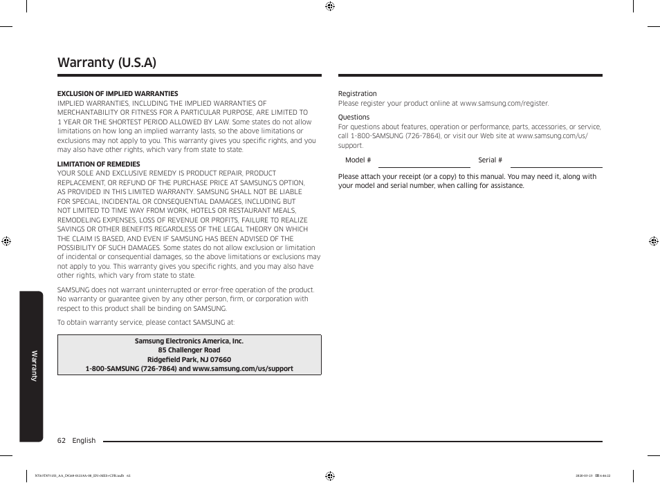 Warranty, Warranty (u.s.a) | Samsung 30 Inch Slide-in Dual Fuel Smart Range Owner Manual User Manual | Page 62 / 204