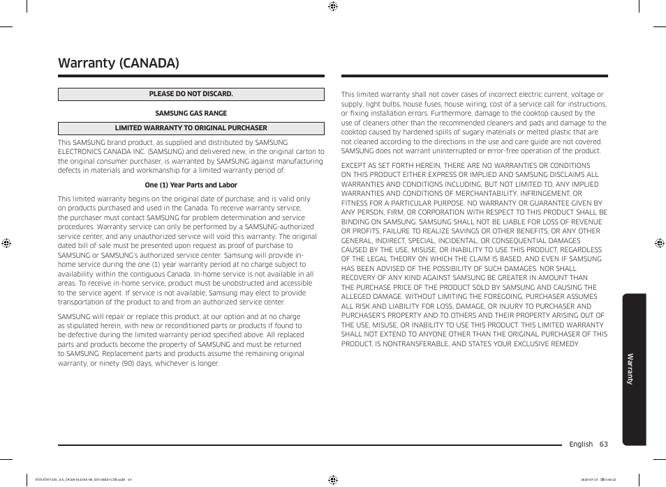 Warranty (canada) | Samsung 30 Inch Slide-in Dual Fuel Smart Range Owner Manual User Manual | Page 63 / 204