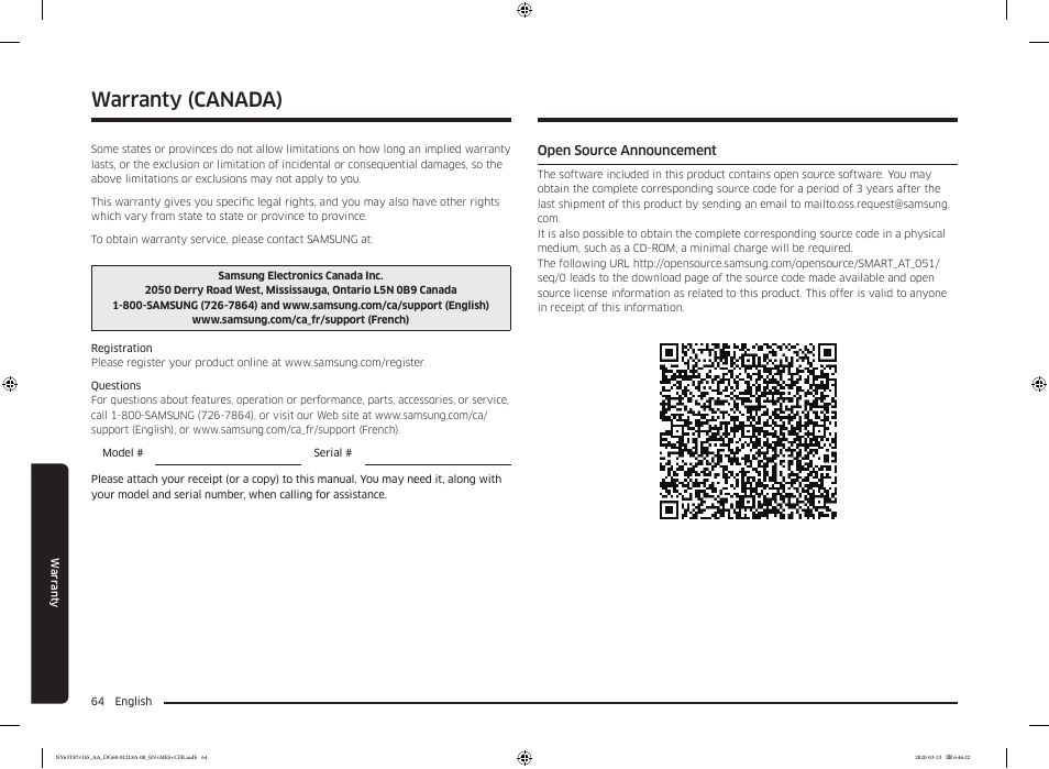 Open source announcement, Warranty, Warranty (canada) | Samsung 30 Inch Slide-in Dual Fuel Smart Range Owner Manual User Manual | Page 64 / 204