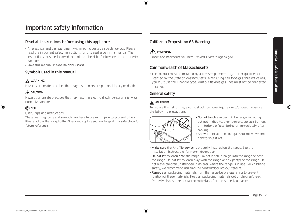 Important safety information | Samsung 30 Inch Slide-in Dual Fuel Smart Range Owner Manual User Manual | Page 7 / 204