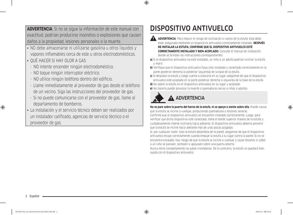 Dispositivo antivuelco, Advertencia | Samsung 30 Inch Slide-in Dual Fuel Smart Range Owner Manual User Manual | Page 70 / 204