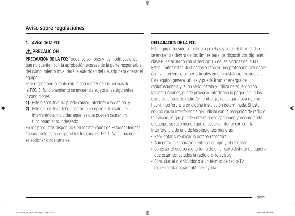 Aviso sobre regulaciones | Samsung 30 Inch Slide-in Dual Fuel Smart Range Owner Manual User Manual | Page 71 / 204